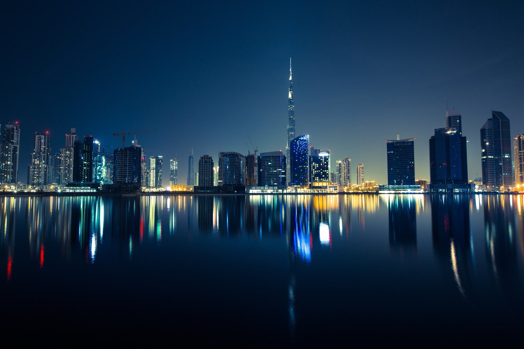 Business Bay at night, looking toward the Burj Khalifa
